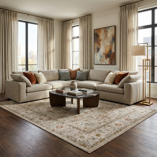 Richelieu Thick Luxe Turkish Rug Denim, large beige rug with blue accents by Boutique Rugs on Tampa Home & Garden Store