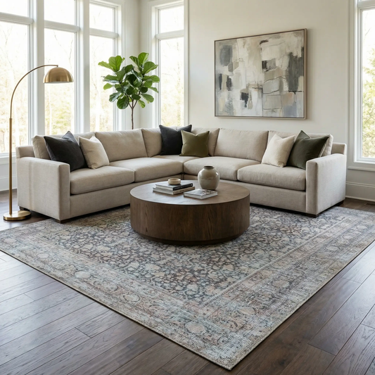Hedda Boutique machine washable rug in gray-blue with traditional pattern in living room on Tampa Home & Garden Store