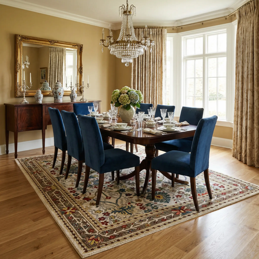 Neola White and Brown Oushak Turkish Rug under a wooden dining table with blue chairs on Tampa Home & Garden Store