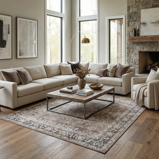 Ganyangan Washable Rug gray beige tones with ornate border Boutique Rugs on Tampa Home & Garden Store