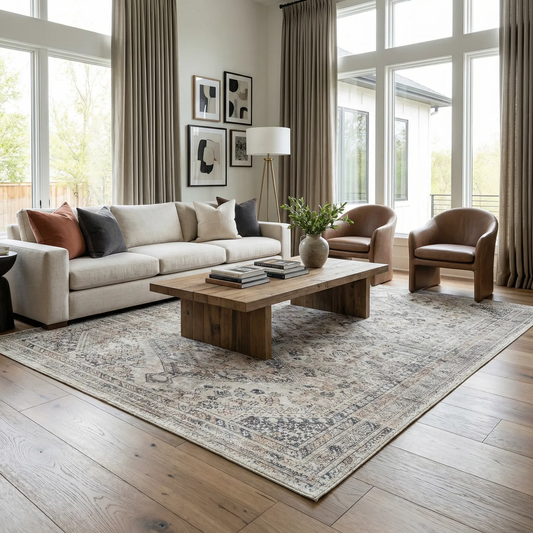 Barny Beige Flat Pile washable Rug by Boutique Rugs in a living room with decorative border on Tampa Home & Garden Store
