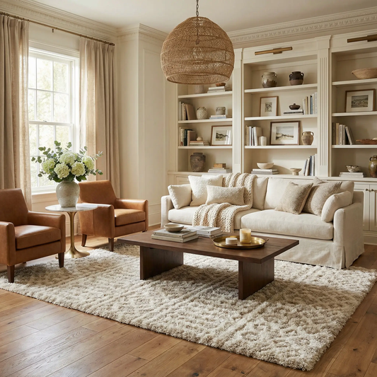 Prompton Cream Plush Area Rug Turkish Made by Boutique Rugs, cream shag in a cozy living room on Tampa Home & Garden Store