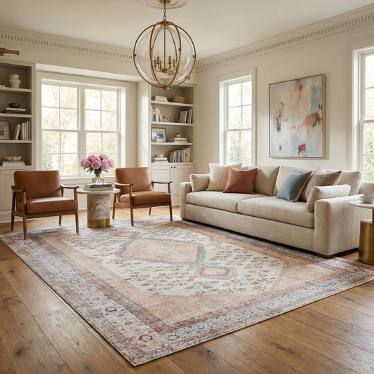 Moora washable area rug chenille polyester by Boutique Rugs in pastel beige and blue tones on Tampa Home & Garden Store