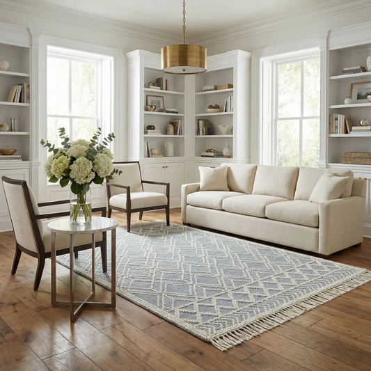 Ramsbury Denim Blue Wool Rug with Trellis pattern, hand-woven by Boutique Rugs on Tampa Home & Garden Store