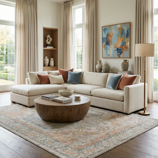 Vaeda Thick Luxe Rug blue beige abstract pattern in living room by Boutique Rugs on Tampa Home & Garden Store