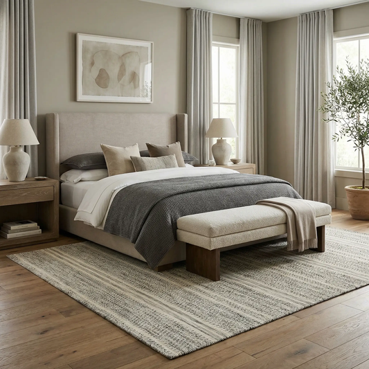Arabi Hand Woven Wool Area Rug Bohemian in beige-gray tones; textured weave with striped border on Tampa Home & Garden Store
