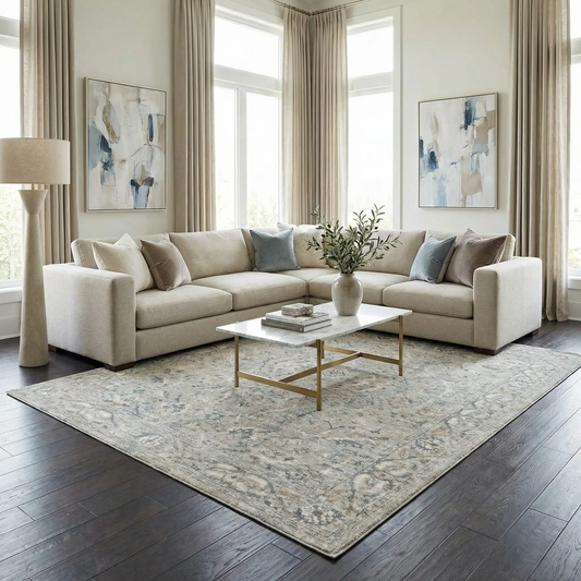Glengarry Thick Luxe Boutique Area Rug by Boutique Rugs in beige with blue-gray motifs on Tampa Home & Garden Store