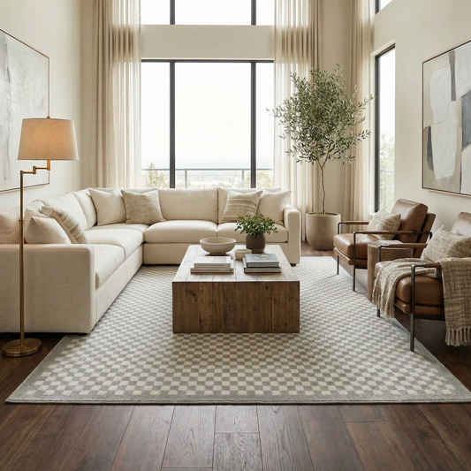 Gaiwan Cream Gray Washable Area Rug by Boutique Rugs in cream gray checkered pattern on Tampa Home & Garden Store