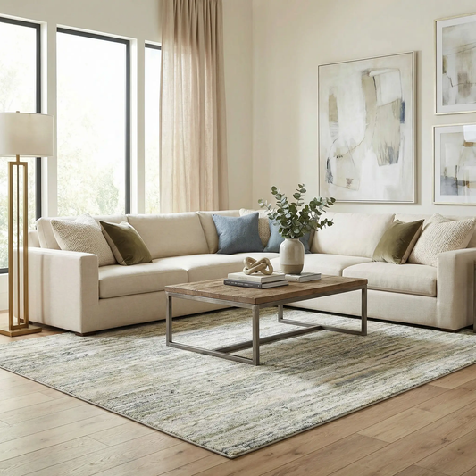 Yancy Thick Luxe Rug by Boutique Rugs in beige gray abstract pattern under a neutral sofa on Tampa Home & Garden Store
