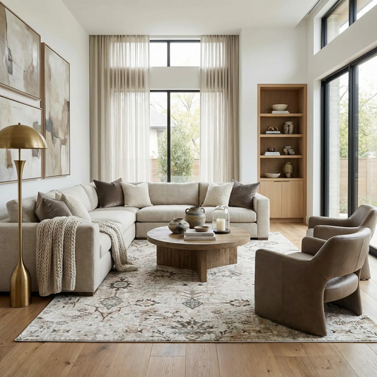 Claydon Thick Luxe Oushak Rug Gray Olive with ivory pattern in a modern living room on Tampa Home & Garden Store