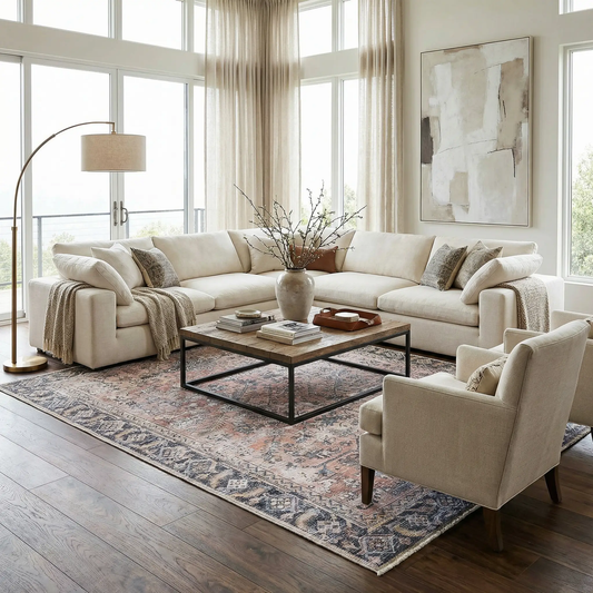 Holi 2305 Washable Rug in Burnt Orange under a contemporary sofa and coffee table on Tampa Home & Garden Store