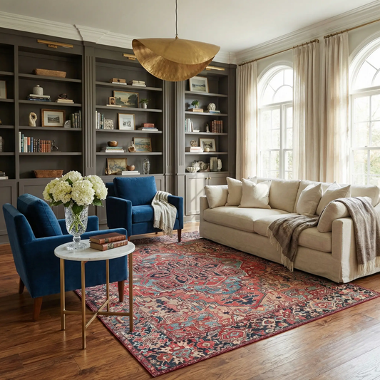 Neyland Area Rug by Boutique Rugs in a room with shelves, blue chairs, red patterned rug on Tampa Home & Garden Store