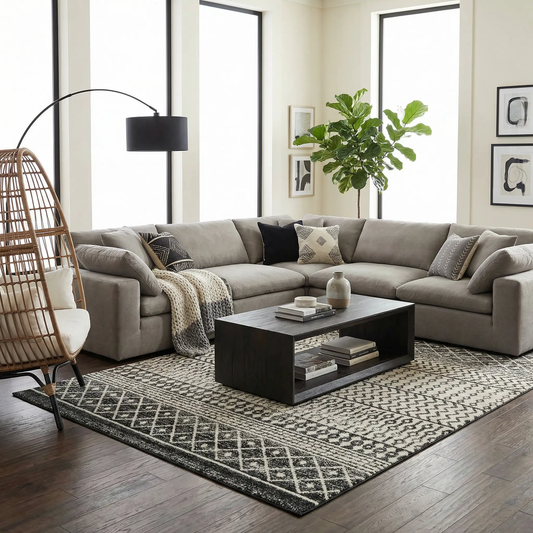Constantin Area Rug Black and White Boho by Boutique Rugs in a modern living room on Tampa Home & Garden Store