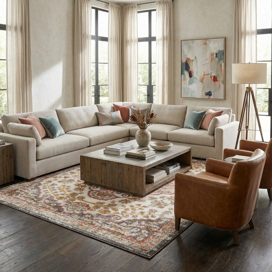 Oark Floral Medallion Area Rug mustard color by Boutique Rugs in a neutral living room on Tampa Home & Garden Store