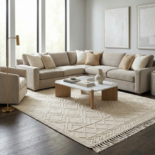 Ramsbury Beige Trellis Wool Rug With Tassels by Boutique Rugs beige tasselled rug on Tampa Home & Garden Store
