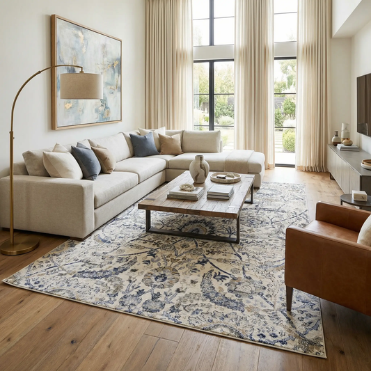 Georgiana Blue and Beige Oushak Rug by Boutique Rugs in a modern living room with cream sofa on Tampa Home & Garden Store