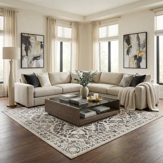 Megargel Charcoal Area Rug with ivory damask pattern in a neutral living room Boutique Rugs on Tampa Home & Garden Store