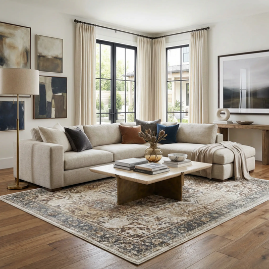 Heritage Style Flat Pile Washable Rug beige blue ornate border by Boutique Rugs on Tampa Home & Garden Store