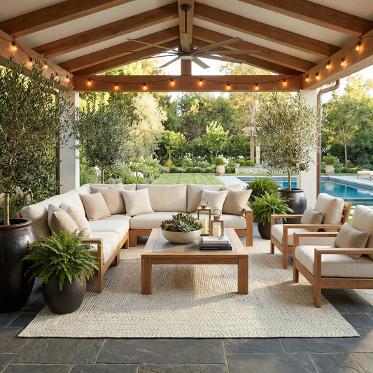 Beige braided faux jute outdoor rug by Boutique Rugs under a wood-framed patio seating area on Tampa Home & Garden Store