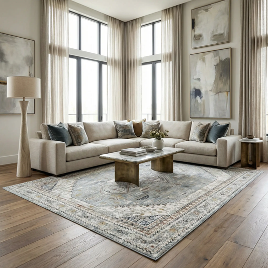 Kouta Gray Blue Area Rug, woven polyester by Boutique Rugs, in a living room with beige sofa on Tampa Home & Garden Store