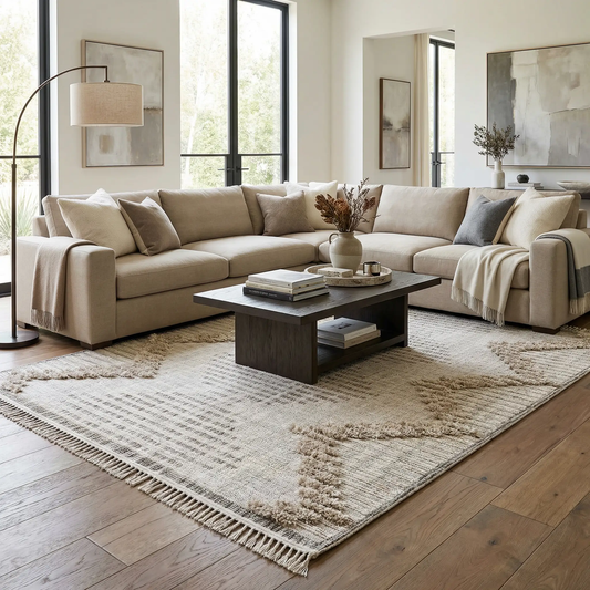 Maulawin High-Low Rustic Rug, beige woven polyester by Boutique Rugs in a modern living room on Tampa Home & Garden Store