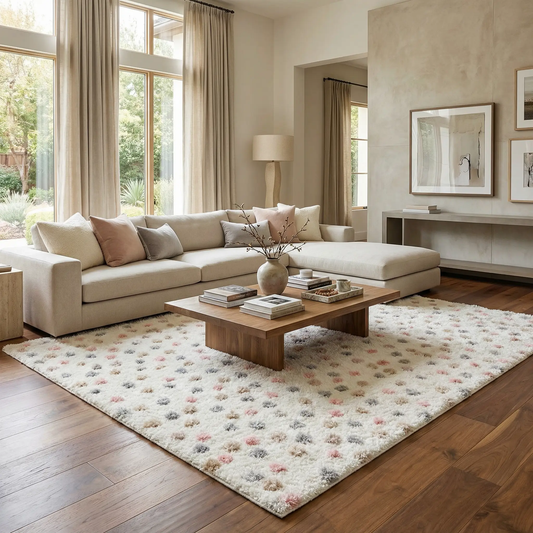 Cansu pink cream dotted area rug by Boutique Rugs in a living room with neutral sofa on Tampa Home & Garden Store