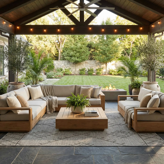 Marwood Nordic Performance Outdoor Rug gray outdoor rug on a covered patio with seating on Tampa Home & Garden Store