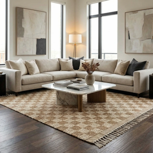 Ionut Checkered Jute Area Rug hand woven natural beige with fringe edges in living room on Tampa Home & Garden Store