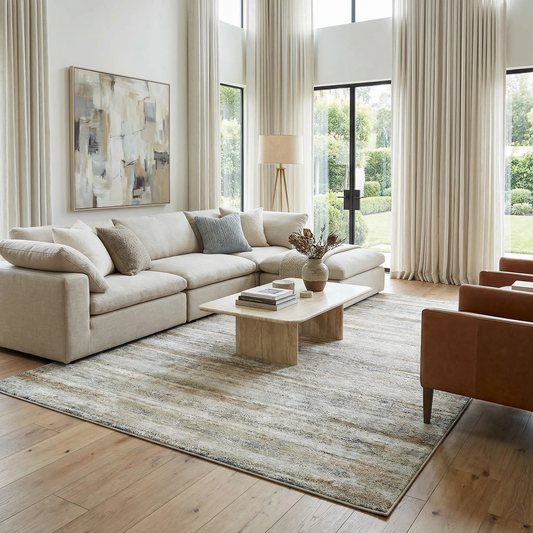 Agueda Thick Luxe Rug in Tan and Beige by Boutique Rugs laid under a light beige sectional in a bright living room on Tampa Home & Garden Store