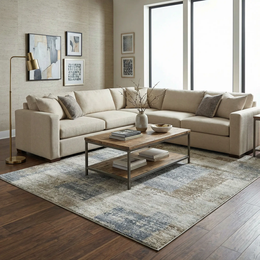 Yasma Thick Luxe Rug by Boutique Rugs in cream and blue distressed abstract pattern on Tampa Home & Garden Store