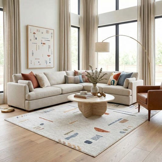 Arnon Modern Washable Rug Polyester Construction beige with abstract multicolor shapes on Tampa Home & Garden Store