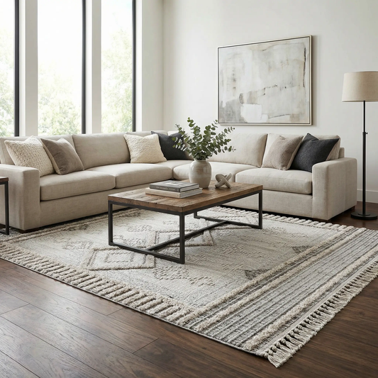 Amaga High Low Rustic Bohemian Area Rug by Boutique Rugs in beige with fringed edges on Tampa Home & Garden Store