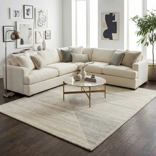 Chizu Geometric Neutral Luxe Rug Ivory Beige under cream sofa in a modern living room on Tampa Home & Garden Store