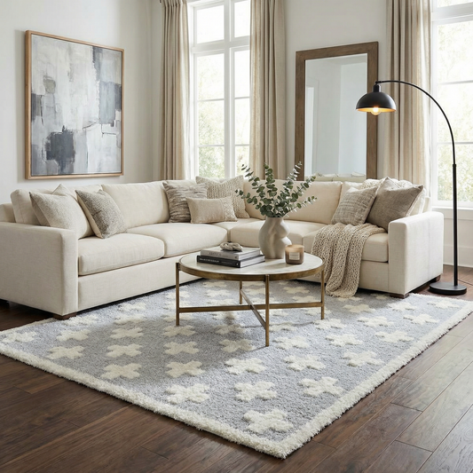 Satu Blue Area Rug with plush blue-gray shag and white cloud patches in a cozy living room on Tampa Home & Garden Store