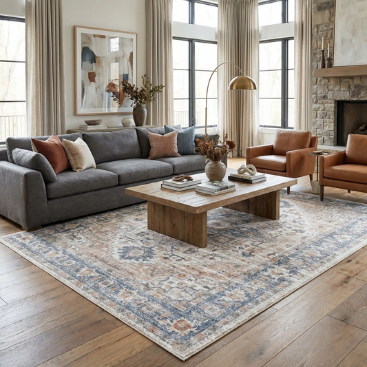 Ezri Cream Washable Area Rug Polyester, cream rug with blue accents under wooden coffee table on Tampa Home & Garden Store