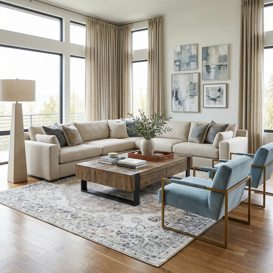 Rudo Flat Pile Washable Polyester Rug in cream with blue abstract pattern for living room on Tampa Home & Garden Store