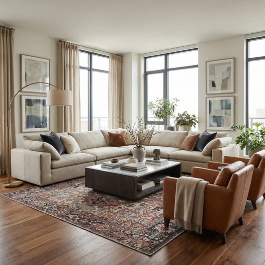 Neyland washable area rug polyester from Boutique Rugs; beige Persian-pattern rug under a sofa on Tampa Home & Garden Store