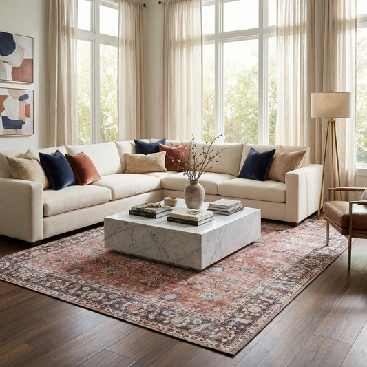 Ganyangan Red Washable Rug for Living Rooms, ornate red border area rug under beige sectional on Tampa Home & Garden Store