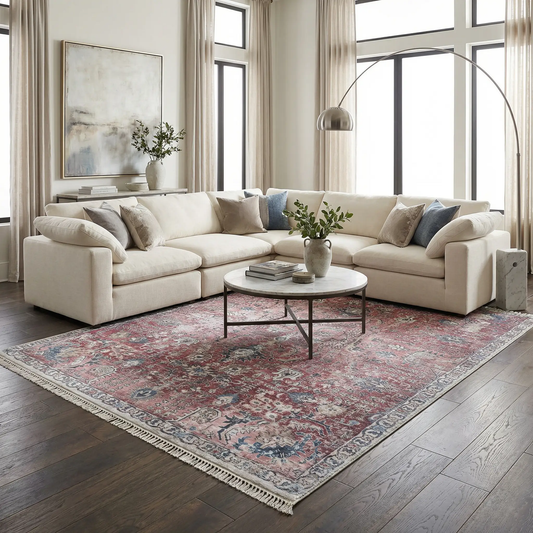 Boutique Rugs Burgundy Washable Oriental Area Rug in a neutral living room setting on Tampa Home & Garden Store