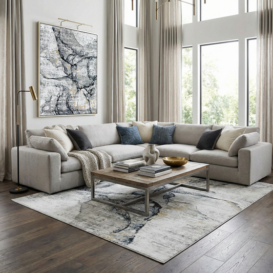 Fremantle Gray Marble Rug in cool gray tones under a plush sofa on Tampa Home & Garden Store