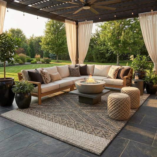 Areli beige charcoal outdoor rug under a beige sectional on a covered patio Boutique Rugs on Tampa Home & Garden Store