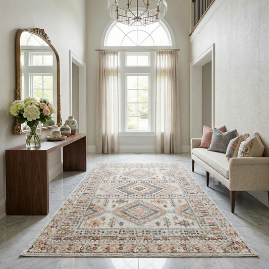 Diem Area Rug by Boutique Rugs, light ivory with pastel geometric diamond motif on Tampa Home & Garden Store