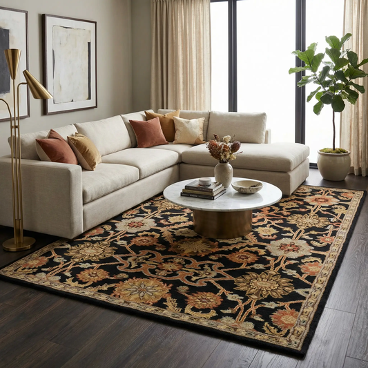 Salix hand tufted black wool rug with rich floral pattern in a living room by Boutique Rugs on Tampa Home & Garden Store