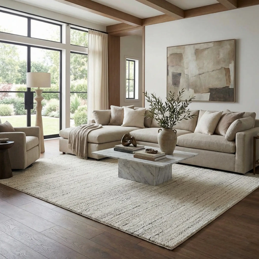 Sezja Beige Luxe Area Rug with subtle linear pattern in contemporary living room on Tampa Home & Garden Store