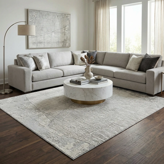 Leeco Textured Luxe Rug Taupe Contemporary in a bright living room with gray sofa on Tampa Home & Garden Store