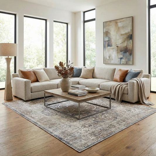 Mignon washable chenille area rug charcoal Boutique Rugs in a contemporary living room with gray sofa on Tampa Home & Garden Store