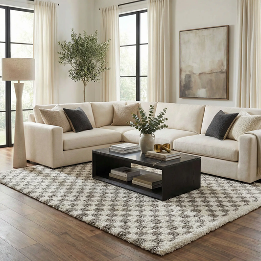 Kieu Taupe Checkered Plush Rug, machine woven from Boutique Rugs Kieu collection, taupe shag on Tampa Home & Garden Store