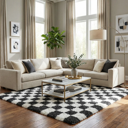 Atira Black and White Checkered Area Rug with shaggy pile Boutique Rugs on Tampa Home & Garden Store