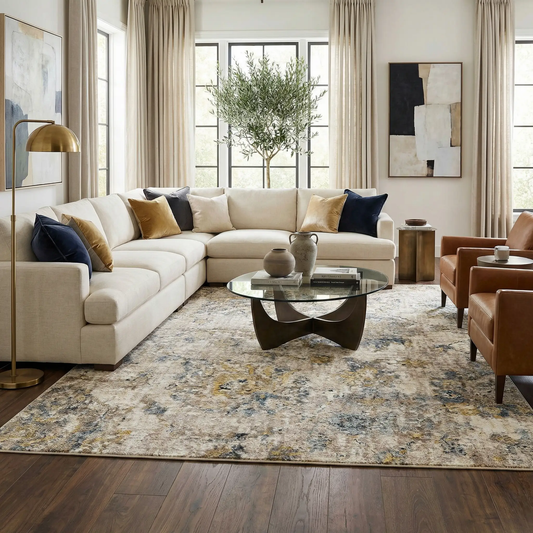 Teal Floral Rug Edenfield Collection by Boutique Rugs in a bright living room with beige sofa on Tampa Home & Garden Store