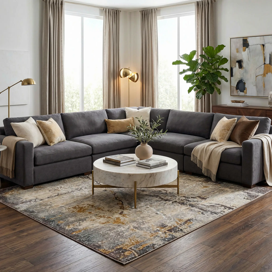 Alexi Luxe Contemporary Fringed Rug Boutique Rugs in gray tones under a sectional sofa on Tampa Home & Garden Store